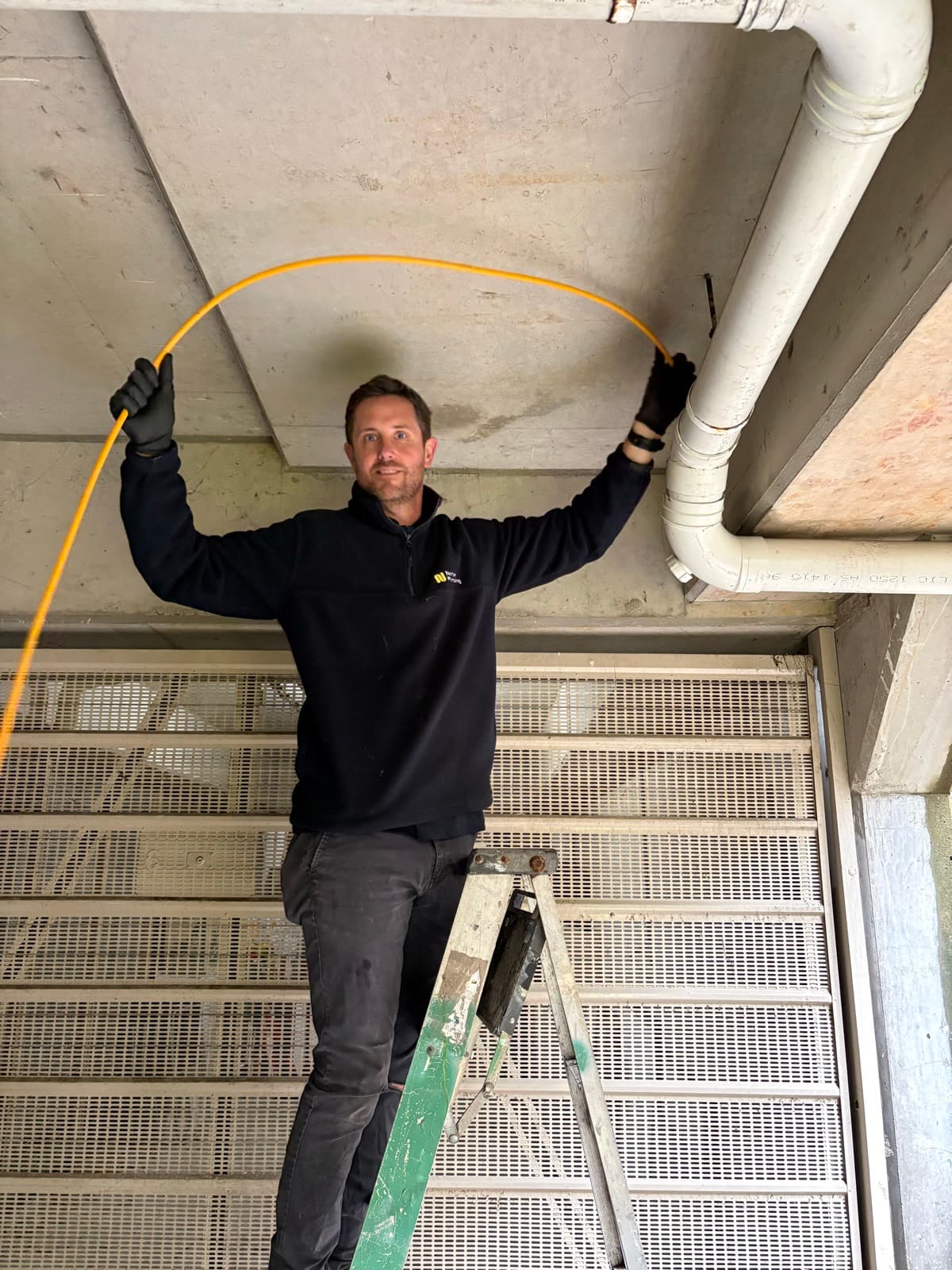 Adam Norton on a ladder feeding an electric eel into a high-level drain access point on the exterior wall of a Rose Bay apartment building