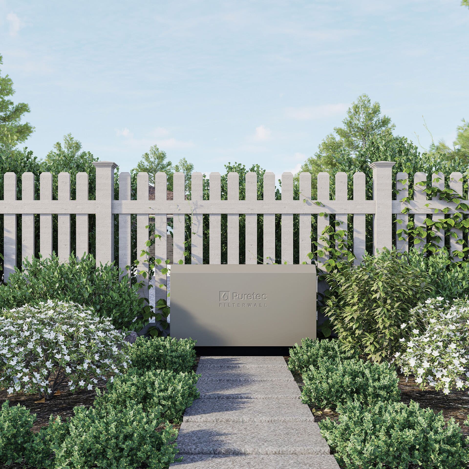 Puretec FilterWall in Stone White mounted along a garden wall