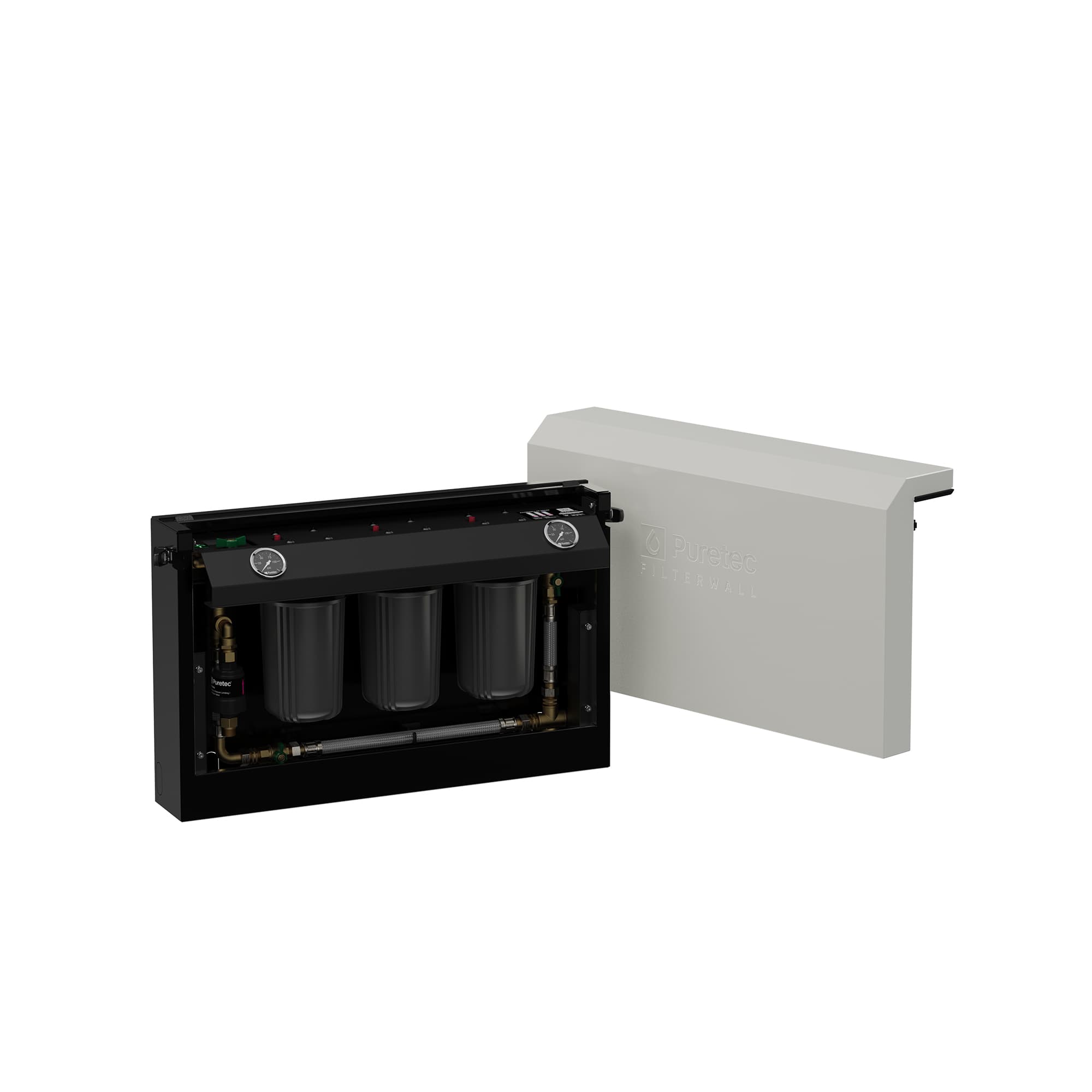 Puretec FilterWall with the cover removed, showing the three filter cartridges and pressure gauges