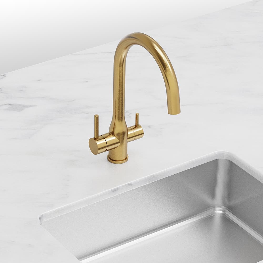Puretec Tripla Elite 3-way mixer tap in Brushed Gold installed on a marble benchtop