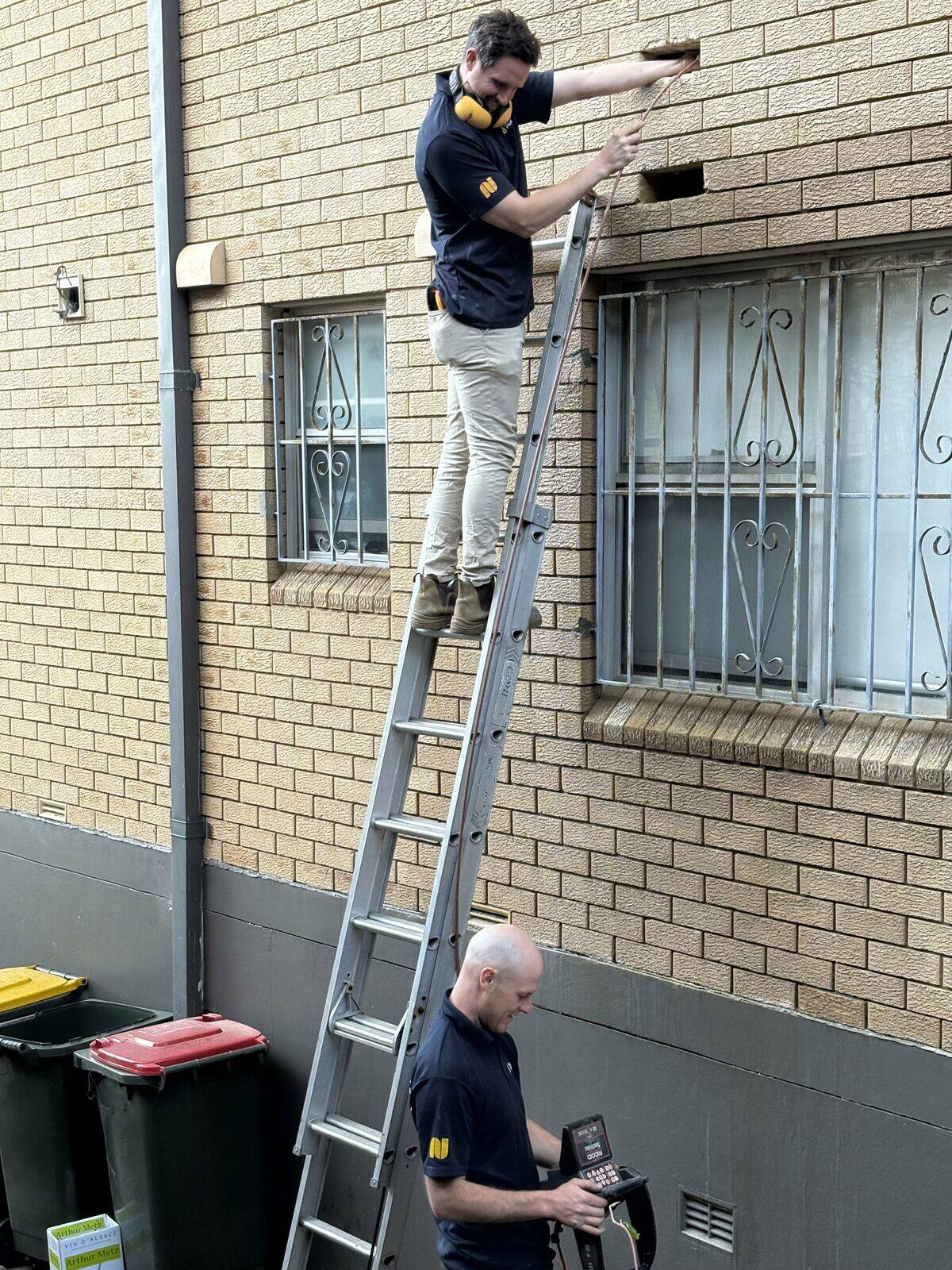 Two Norton Plumbing plumbers locating a concealed burst pipe inside the brick wall of a Coogee unit block, one on a ladder feeding a trace line into the cavity and one below reading the locator