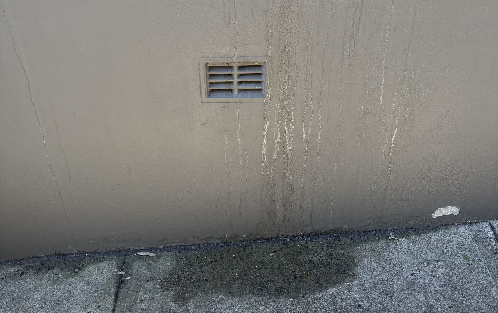 Water from a burst pipe running down the rendered external wall of a Coogee block of flats and out through a subfloor vent, pooling on the concrete path
