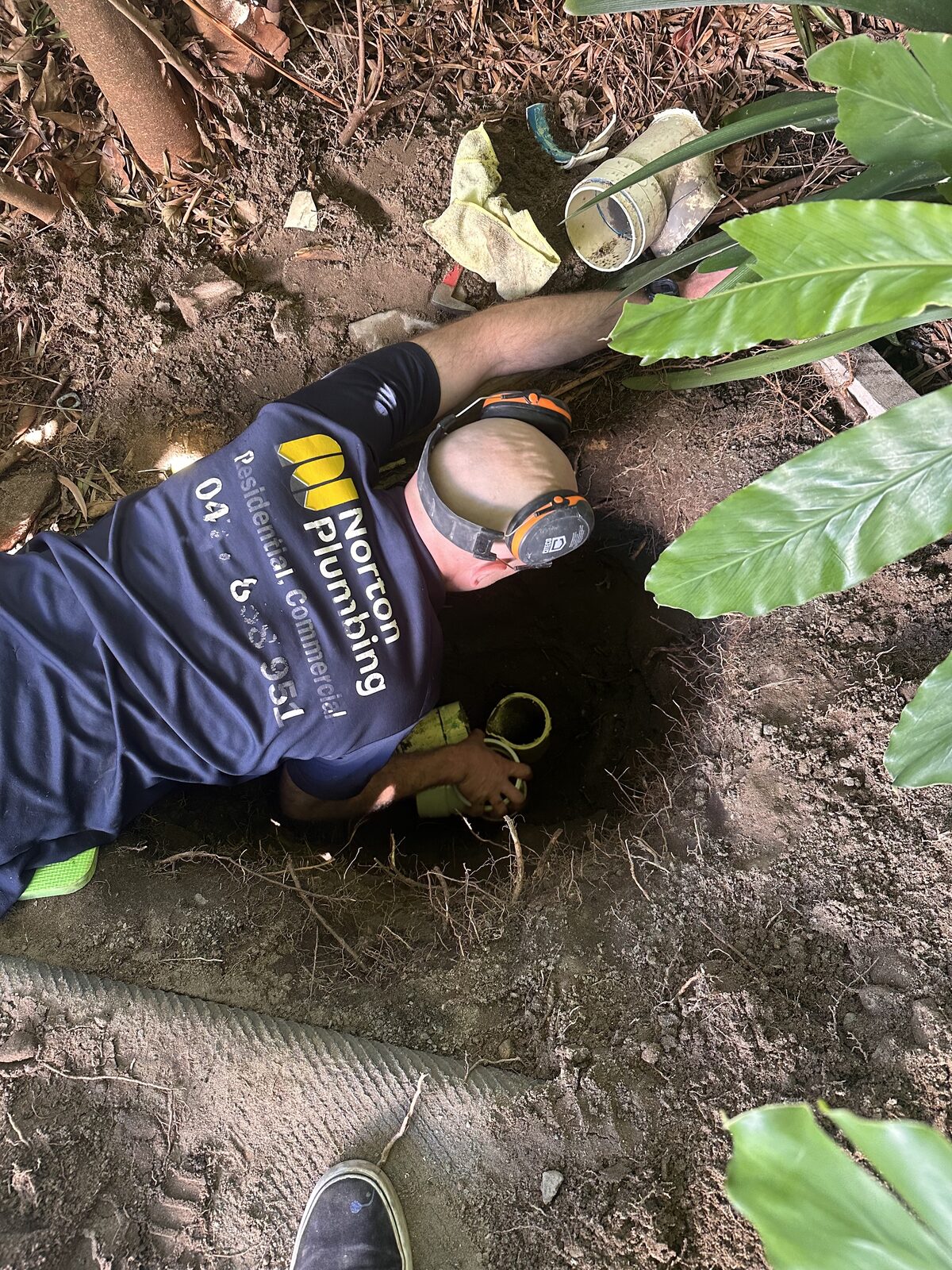 Greg from Norton Plumbing lying in a dug excavation pit in a South Coogee garden, reaching down to a cracked drain pipe surrounded by tree roots