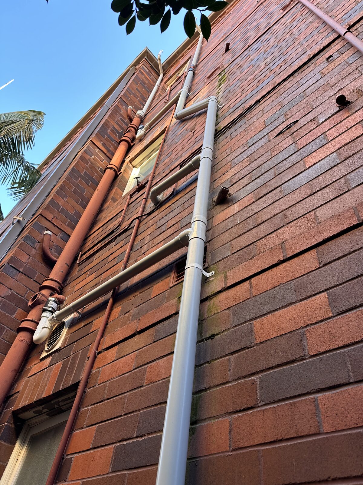 New white PVC waste stack running the full height of a red brick wall at a Coogee strata block, alongside older pipework left in place