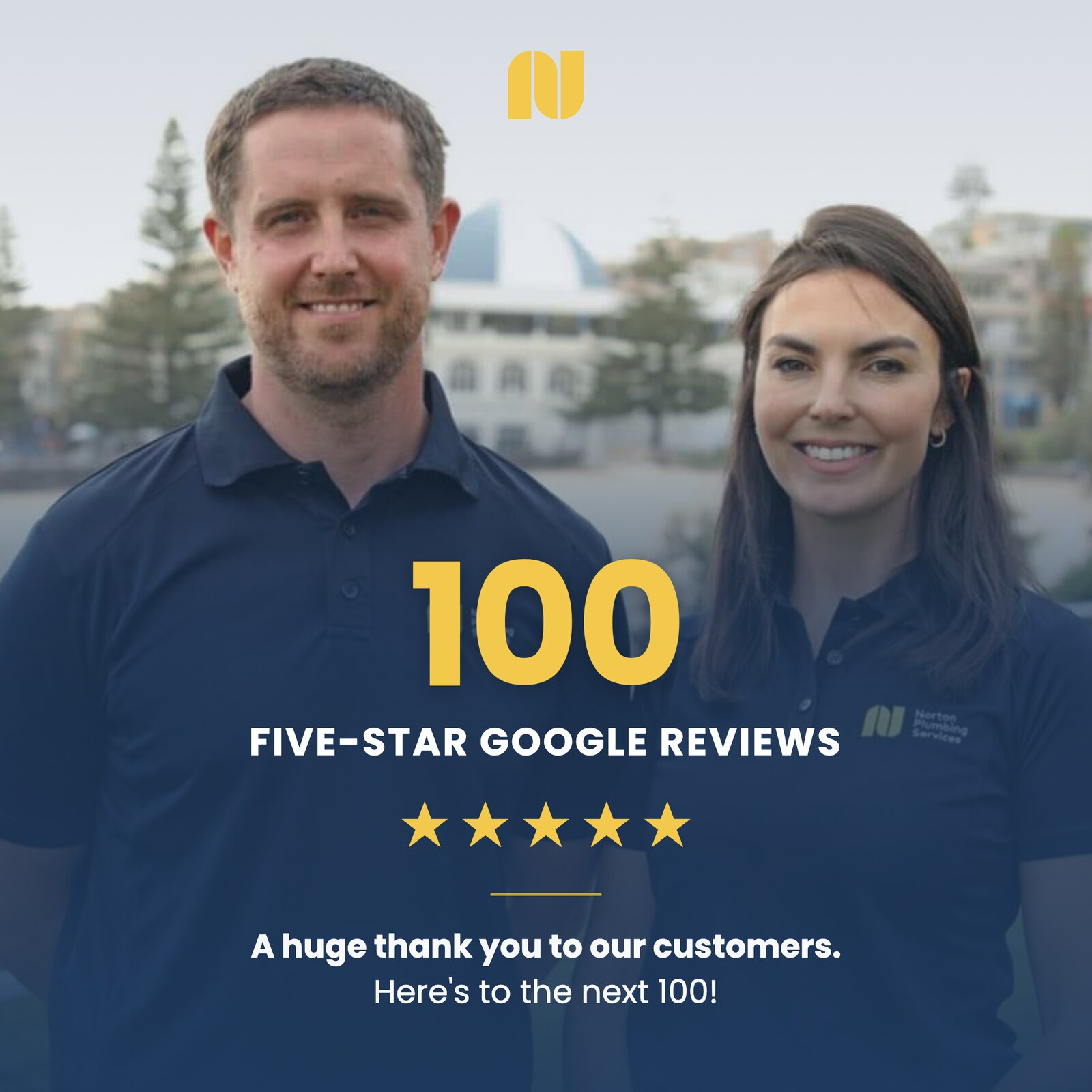 Adam and Rebecca Norton of Norton Plumbing at Coogee, marking 100 five-star Google reviews