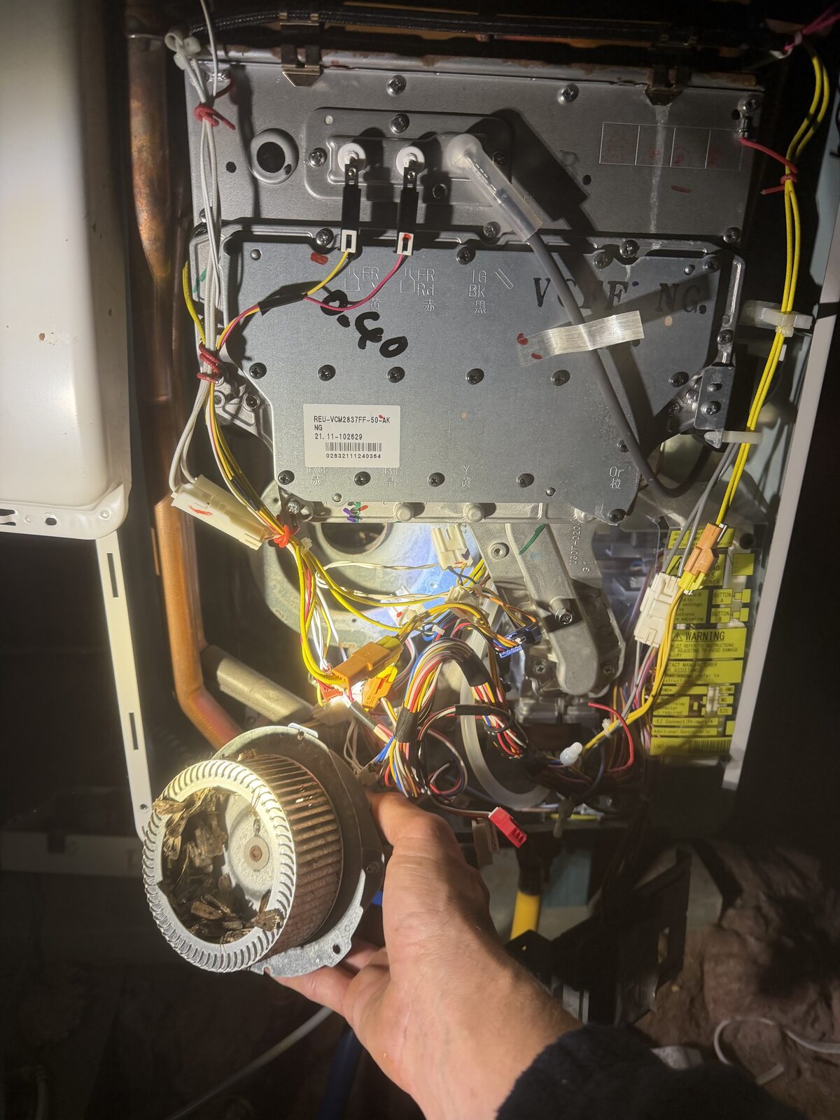 Rinnai Infinity gas hot water unit in a Clovelly roof cavity with the cover off and the moth-filled combustion fan removed