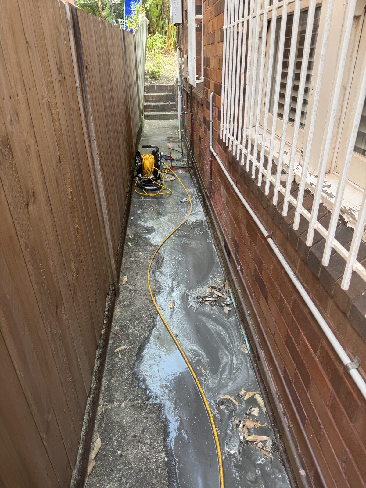 Wastewater spread along a narrow concrete side passage between a red brick strata building and a timber fence in Bondi, with a drain jetter hose running down the passage