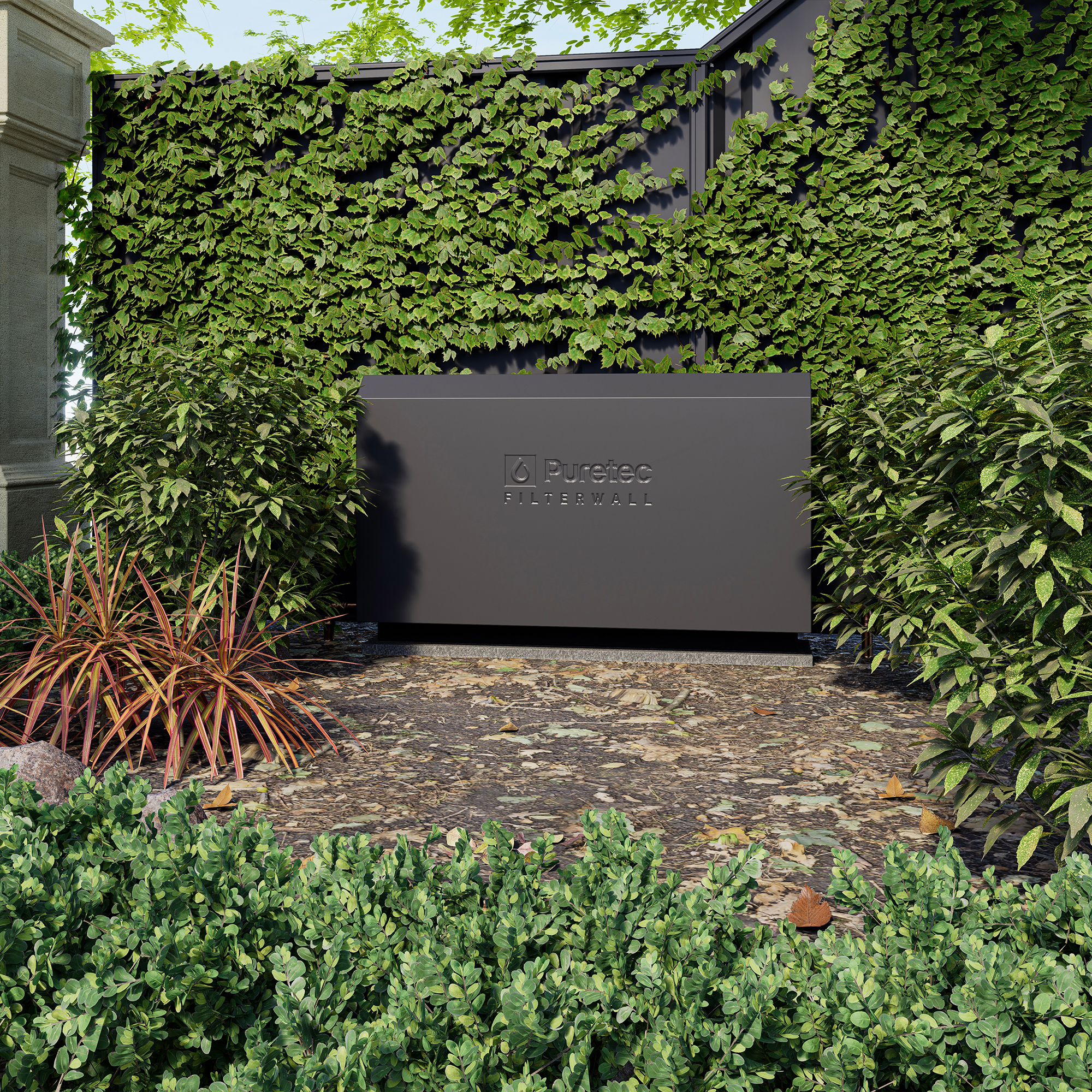 Puretec FilterWall in Charcoal installed against a garden wall with lush greenery, whole-home water filtration for Eastern Suburbs homes